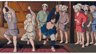 Ashitaka working the bellows with the women of Irontown