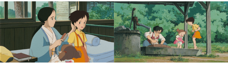 Satsuki having her hair combed by her mother, and Satsuki doing laundry with her father