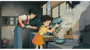 Satsuki making breakfast and her father washing his face