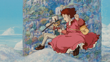 Shizuku in a dress and the Baron flying in the sky