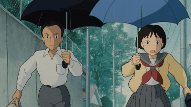 Sugimura and Shizuku running to school in the rain