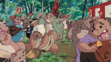 Tanuki drinking and singing at a banquet