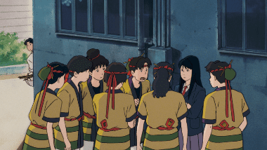 Rikako Muto surrounded behind the school building with Taku Morisaki watching from a distance
