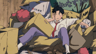 Taku Morisaki falling into a pile of cardboard boxes