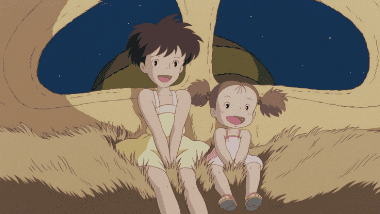 A happy-looking Satsuki and Mei leaving Shichikokuyama Hospital aboard the Catbus.