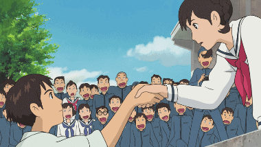 Umi extending a hand to Shun after he jumped into the rooftop pool