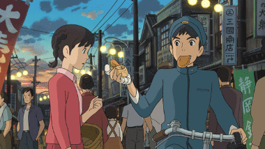 Umi and Shun eating croquettes in the evening town