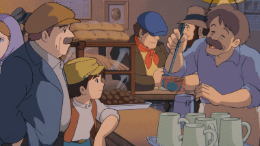 Pazu buying a late-night meal in the mining town at night.