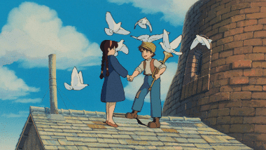 Pazu and Sheeta introducing themselves to each other on the roof.