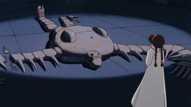 Sheeta looking at the broken robot soldier in the underground hangar.