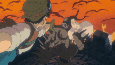 Pazu rescuing Sheeta with a flapter and escaping.