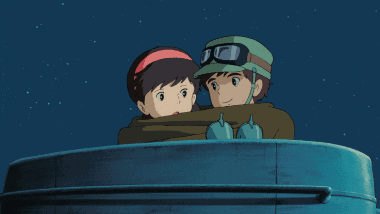 Pazu and Sheeta talking about the future on the lookout post under the night sky.