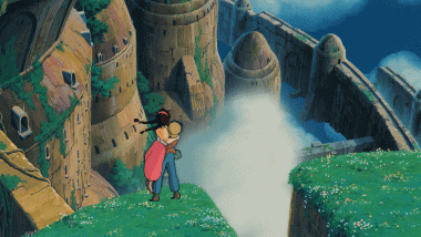 The two emerge from the clouds and land on the green, overgrown Castle in the Sky, Laputa.