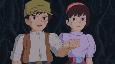 Pazu and Sheeta holding hands and chanting 'Balse'.