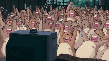 Tanuki rejoicing at the TV news