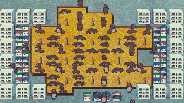 A Famicom-style screen showing the food shortage situation and proposing a solution