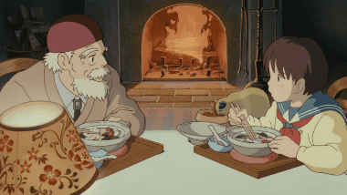Shizuku at Chikyuya, sharing nabeyaki udon with the shopkeeper and listening to his feedback