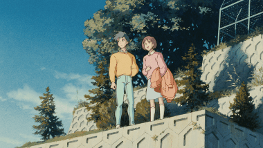 Shizuku and the returned Seiji looking up at the sunrise on an early morning hill