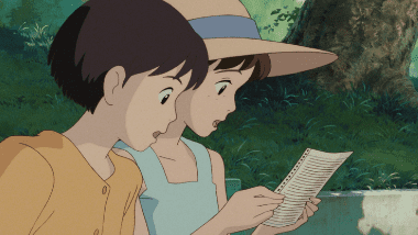 Shizuku showing Yuko the translated lyrics for 'Country Roads' on a school bench