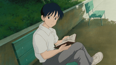 Seiji reading Shizuku's forgotten book and advising her, 'You should drop the Concrete Roads thing.'