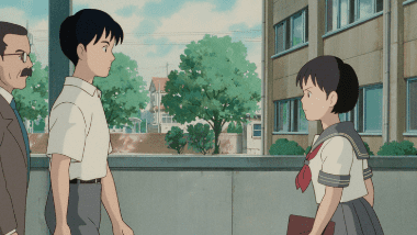 Shizuku and Seiji Amasawa passing each other in the hallway, pretending not to know each other