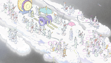 Messengers from the moon arriving from the sky playing instruments