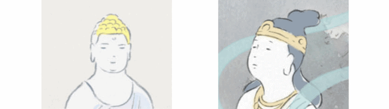 The King of the Moon and the Moon's emissary staring blankly at Princess Kaguya