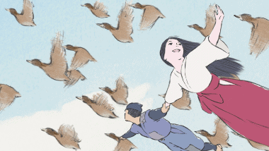 Princess Kaguya And Sutemaru Holding Hands And Flying In The Sky