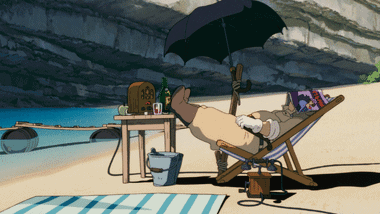 Porco Rosso napping on the beach of his secret hideout.