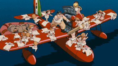 Porco Rosso in a frenzy with the schoolgirls he rescued.