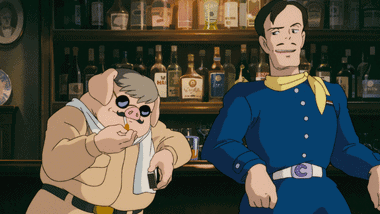 Porco and Curtis having a conversation at the hotel during their first meeting.