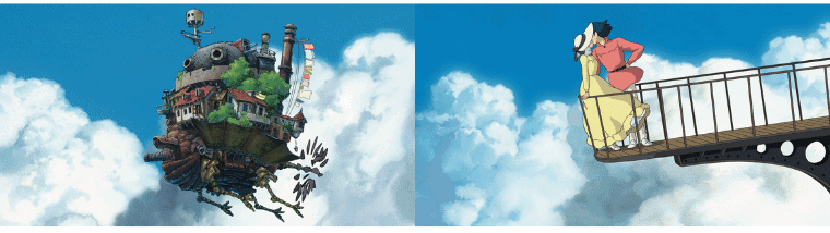 The new Howl's Moving Castle flying freely in the sky, with Sophie and Howl kissing on the balcony
