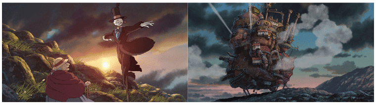 Sophie and Turnip Head the scarecrow surprised by Howl's Moving Castle