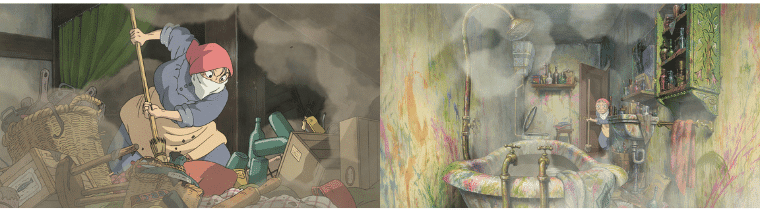 Sophie cleaning the messy moving castle