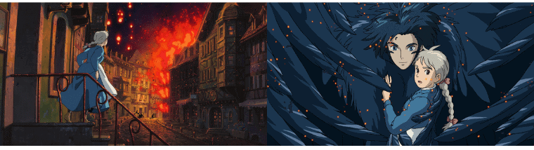 Howl spreading his black wings to protect Sophie from the burning city