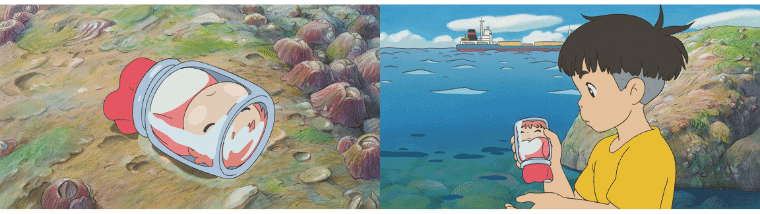 Sosuke peering at the goldfish Ponyo trapped in a glass jar on a rocky shore