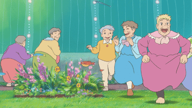 The elderly from Himawari House running around as if rejuvenated inside the underwater dome formed by jellyfish