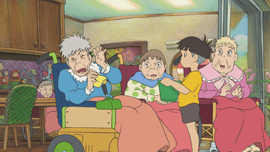 Ponyo, angered at being called a 'human-faced fish' at Himawari House, surprises Toki by spraying water from her mouth