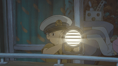 Sosuke sending a Morse code message to his father Koichi on the ship, with Lisa watching over him