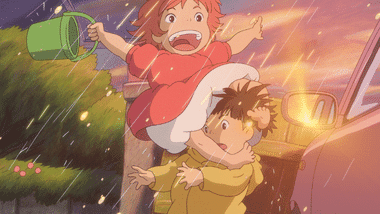 Ponyo joyfully hugging Sosuke upon their reunion