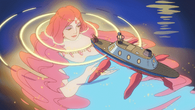 Fujimoto bowing his head to Granmamare in the light of the deep sea, pleading for her to resolve the situation
