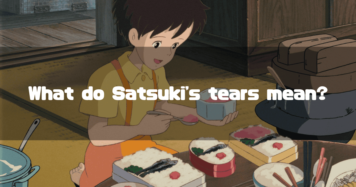 An anime still from "My Neighbor Totoro" showing the character Satsuki with a tearful expression as she prepares bento boxes. Text overlay reads: "What do Satsuki's tears mean?