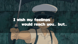 A poignant scene from 'My Neighbor Totoro' featuring Kanta in the rain. He holds an umbrella, and the overlay text reads, 'I wish my feelings would reach you... but...', reflecting his unrequited love for Satsuki.