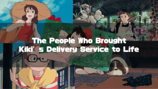 A collage of characters from Kiki's Delivery Service, featuring Ursula, Kiki's mother Kokiri, Tombo, Jiji the cat, and Jeff the dog, with the central text "The People Who Brought Kiki's Delivery Service to Life."