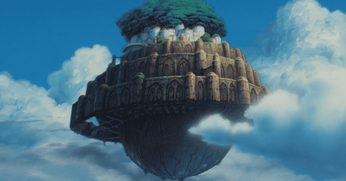 Floating ancient stone castle covered with greenery drifting above the clouds beneath a bright blue sky