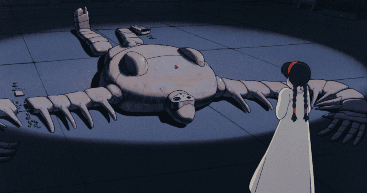 Young girl standing beside the shattered remains of a giant ancient robot inside a dark stone chamber