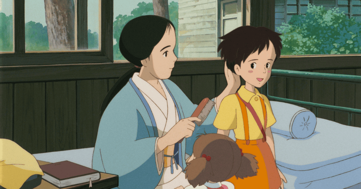 Mother gently combing a young girl's hair while another child sits nearby in a bright countryside hospital room