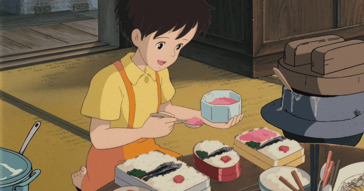 Young girl preparing traditional Japanese bento lunch boxes with rice, grilled fish, and umeboshi in a tatami room