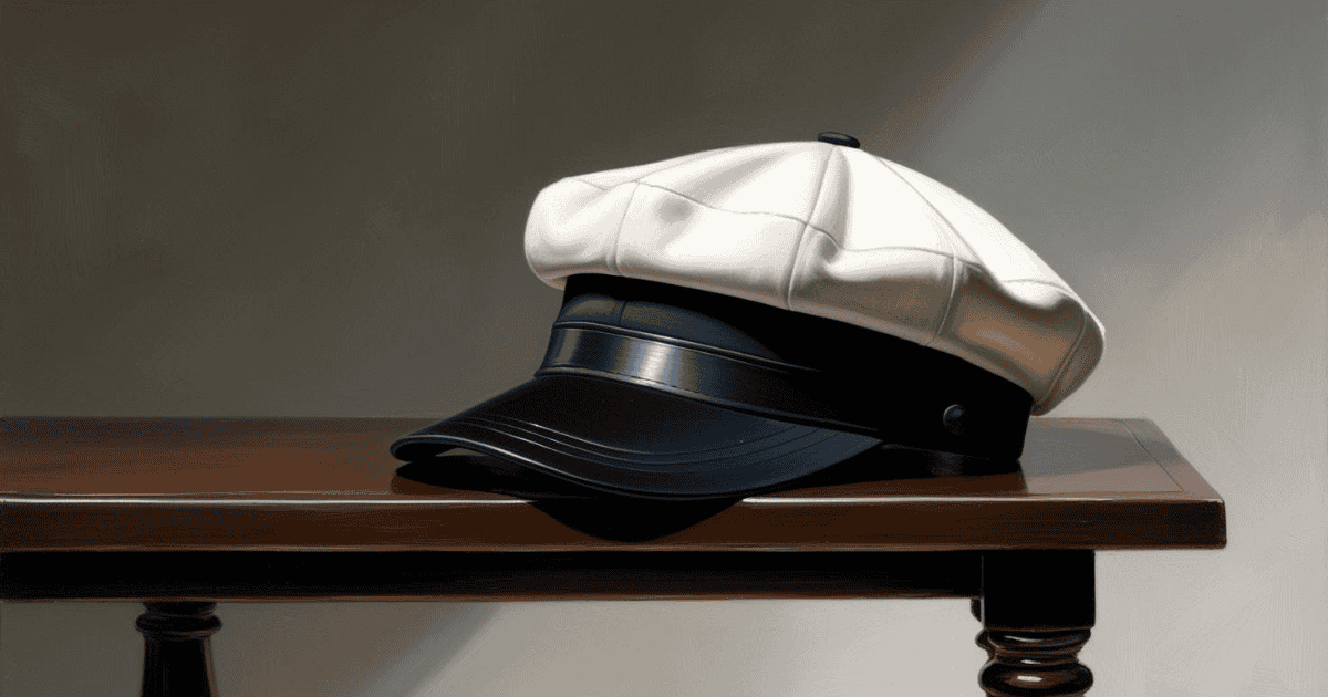 White and black peaked cap resting on a wooden table against a plain wall
