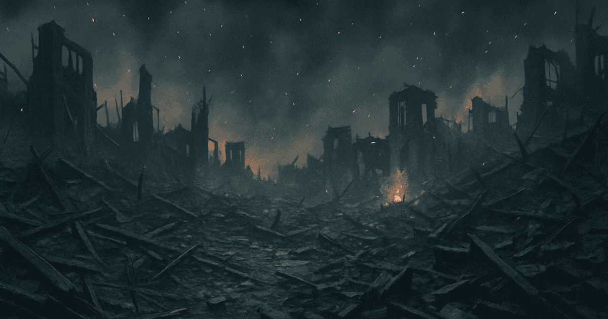 Devastated city ruins covered in rubble and smoke with glowing embers after a catastrophic fire
